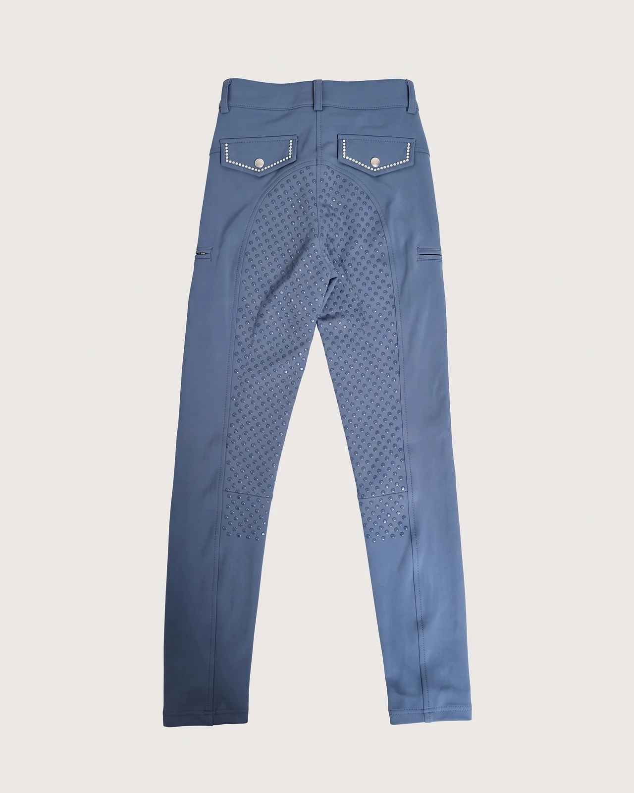 Blaue Damen-Reithose mit Vollgrip aus runden Silikonpunkten, ganze Länge, Rückansicht – KI-generierte Illustration