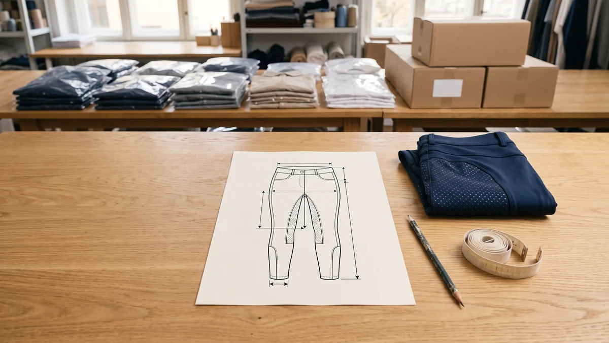 Tech Pack mit Maßzeichnung einer Reithose neben dem gefalteten Modell – KI-generierte Illustration