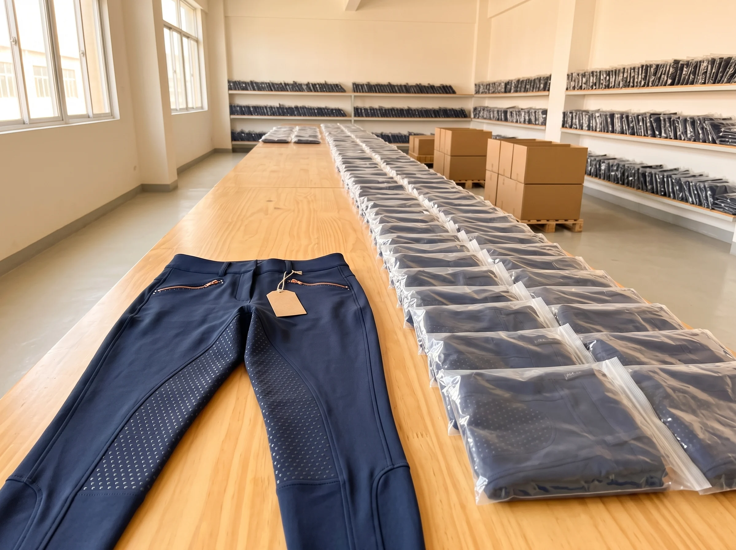 Freigegebenes Muster einer navyfarbenen Reithose auf einem langen Holztisch, dahinter dasselbe Modell gefaltet und einzeln verpackt in Reihen – KI-generierte Illustration