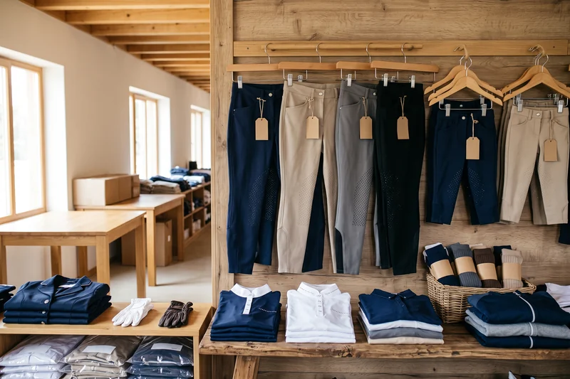 Wand eines Reitsportgeschäfts mit Reithosen und Kinderreithosen an Bügeln, blanke Hangtags – KI-generierte Illustration