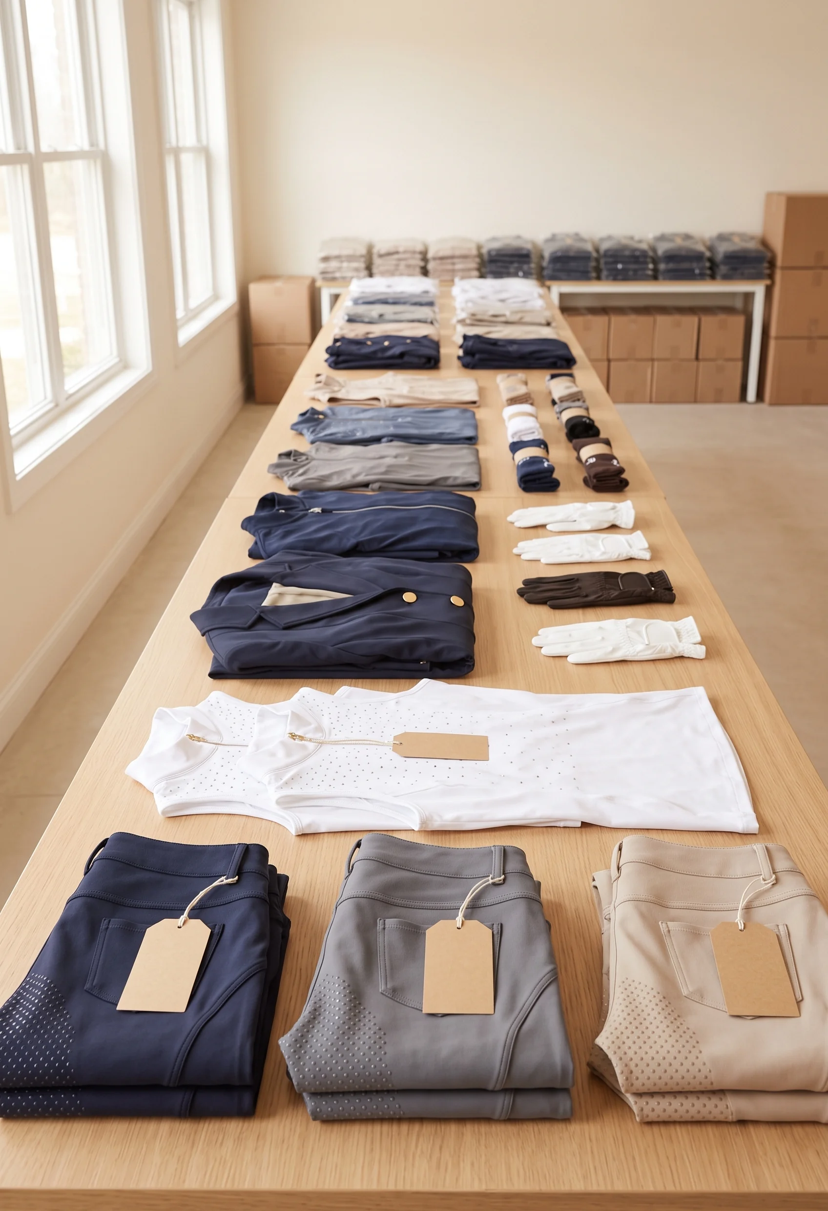 Bestehende Kollektion auf einem langen Tisch: Reithosen, Turniershirts, Turniersakkos, Jacken, Reitshirts, Handschuhe und Socken nach Kategorie geordnet – KI-generierte Illustration