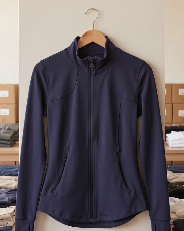 Navyfarbene Trainingsjacke mit Stehkragen und Reißverschluss, Vorderansicht – KI-generierte Illustration