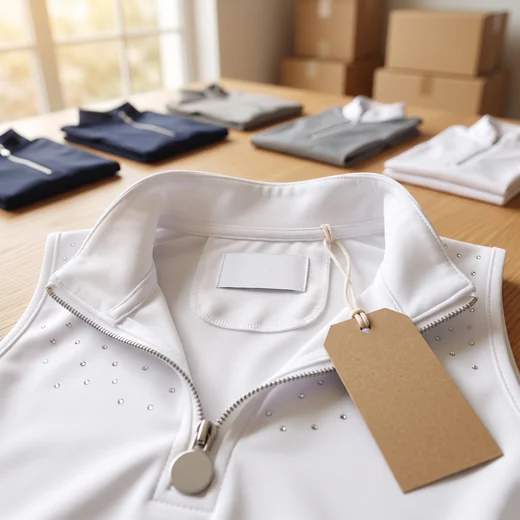 Nackenetikett mit Hangtag im Kragen eines Turniershirt-Musters – KI-generierte Illustration