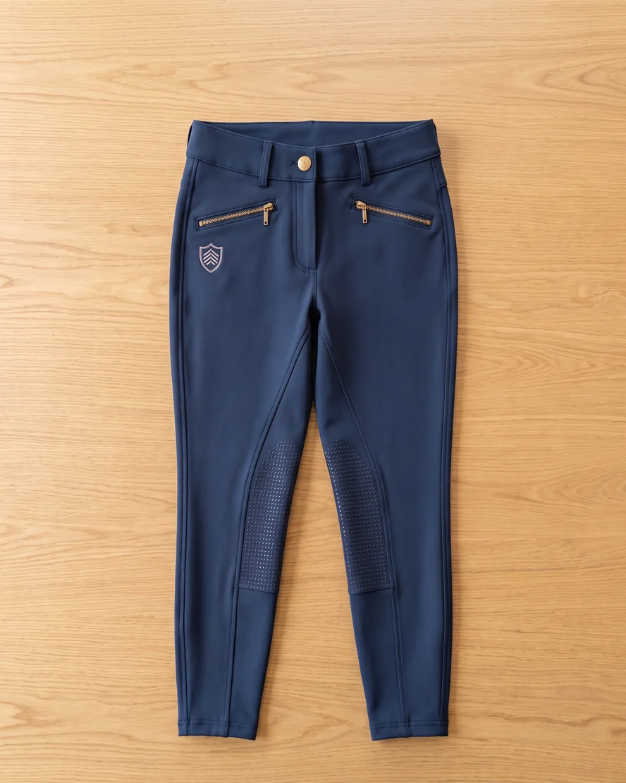 Navyfarbene Reithose mit Kniegrip von oben, flach ausgelegt: Bund mit Metallknopf, Grip am Knie, Innenbeinnaht – KI-generierte Illustration