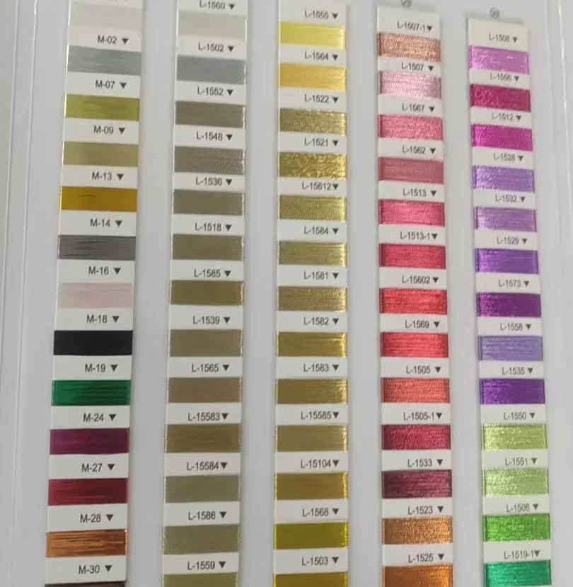 Stickgarn-Farbkarte mit nummerierten Garnfarben, darunter Glanz- und Metallic-Garne