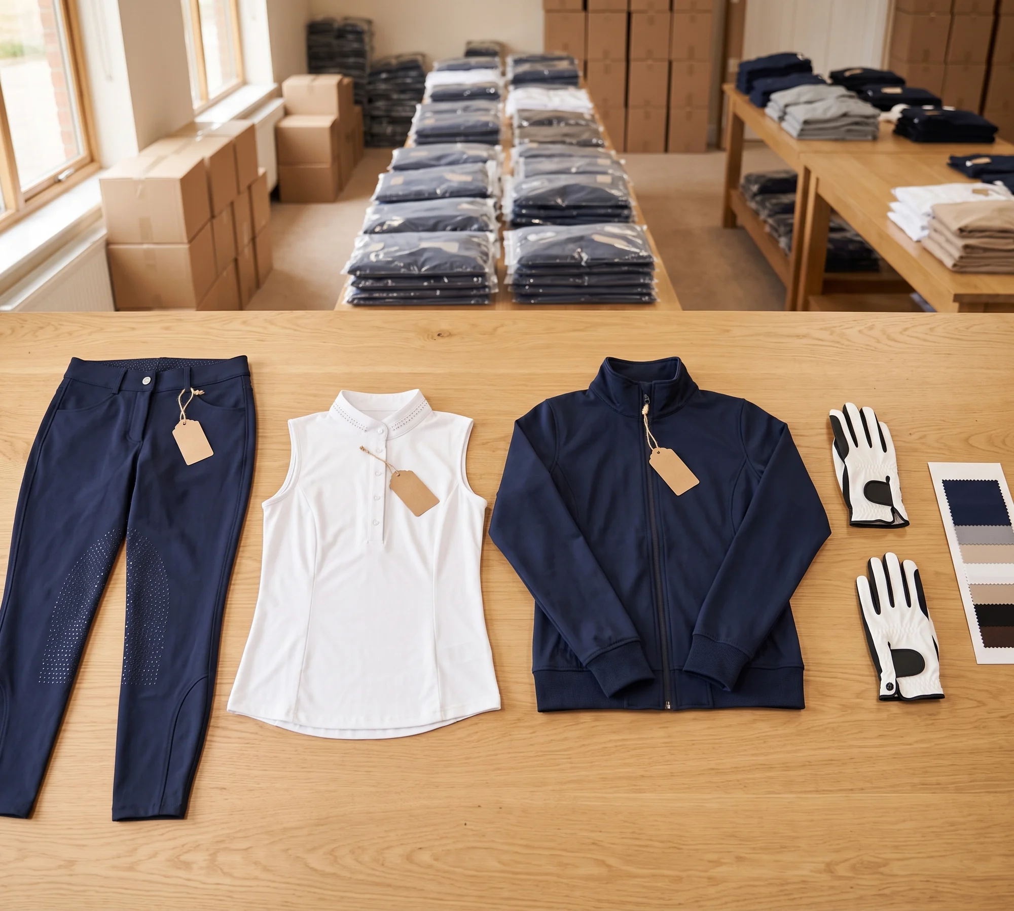 Abgestimmtes Sortiment in einer Farbfamilie: Reithose, Turniershirt, Trainingsjacke und Reithandschuhe nebeneinander – KI-generierte Illustration