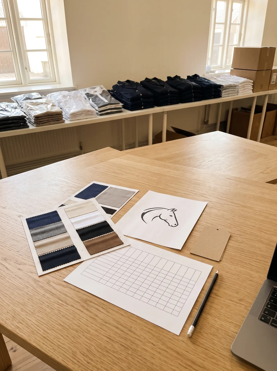 Unterlagen für die Anfrage auf einem Holztisch: Farbkarte, ausgedrucktes Logo, Größentabelle und Hangtag – KI-generierte Illustration
