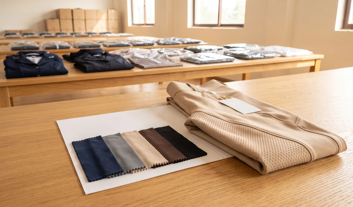 Farbkarte des Modellstoffs neben einer beigen Reithose mit Kniegrip – KI-generierte Illustration