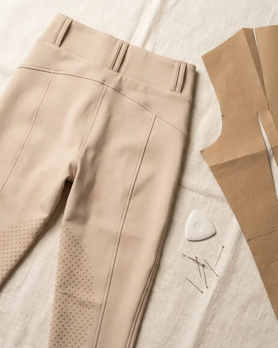 Beige Reithose mit Kniegrip neben Schnittteilen aus Papier (KI-generierte Illustration)