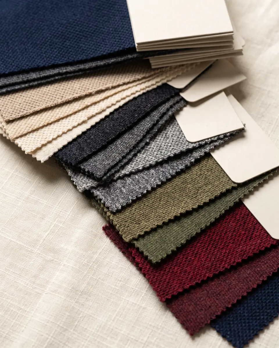 Stoffmuster für Reitbekleidung in Navy, Beige, Grau, Oliv und Bordeaux (KI-generierte Illustration)