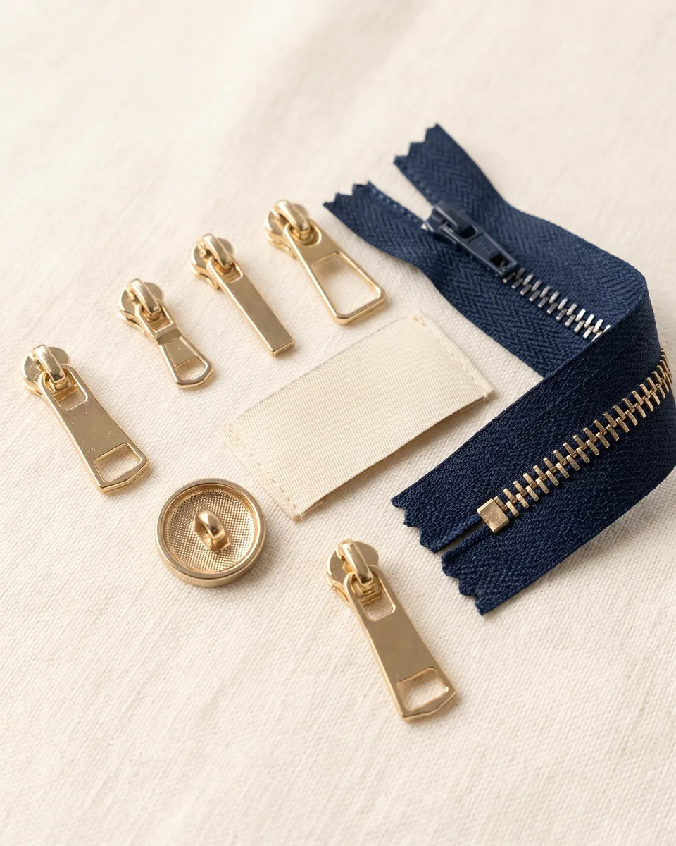 Goldfarbene Zipper, Metallknopf, Reißverschluss und Webetikett ohne Aufdruck (KI-generierte Illustration)