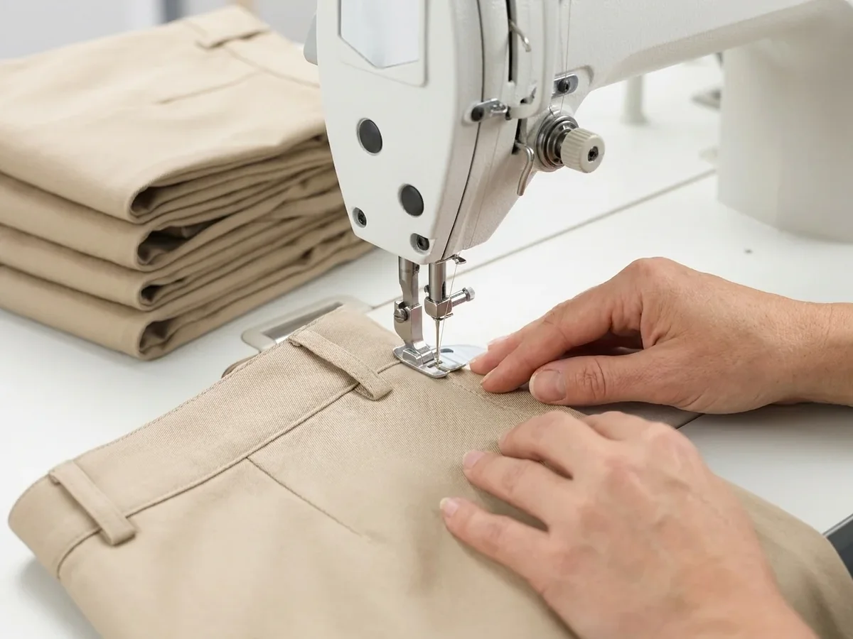 Verstärkungsnaht an der Gürtelschlaufe einer beigen Hose, daneben ein Stapel gleicher Teile (KI-generierte Illustration)