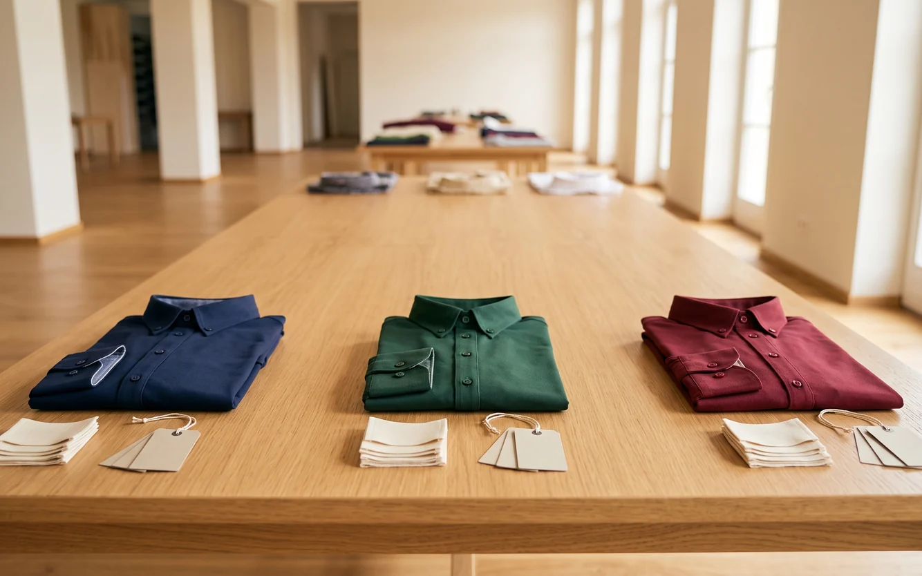 Drei getrennte Sätze Etiketten, Hangtags und Reitshirts für drei Endmarken auf einem langen Tisch – KI-generierte Illustration