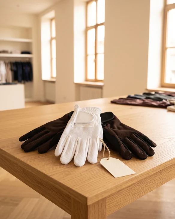 Reithandschuhe in Weiß und in Schwarz-Braun mit Hangtag – KI-generierte Illustration