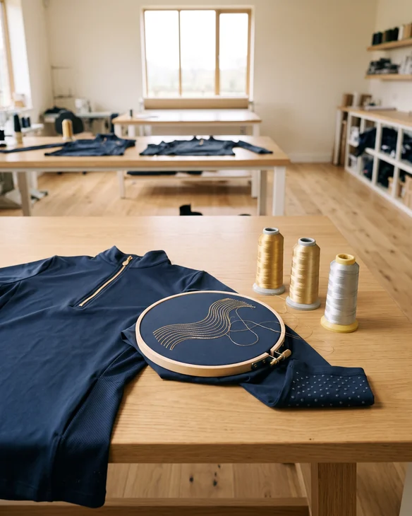 Stickerei mit Metallic-Garn auf einem Reitshirt, daneben Garnrollen – KI-generierte Illustration
