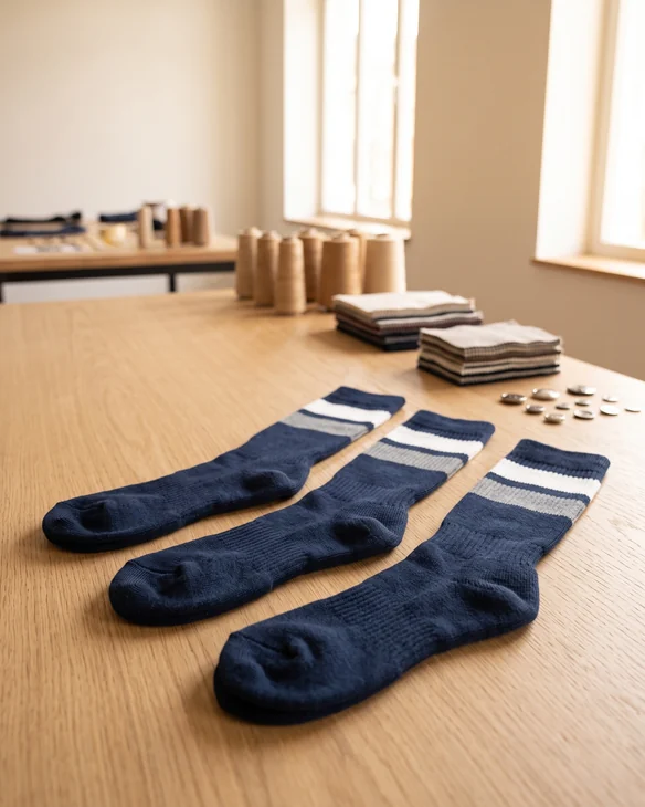 Eingestrickte Farbfelder am Bund knielanger Reitsocken – KI-generierte Illustration