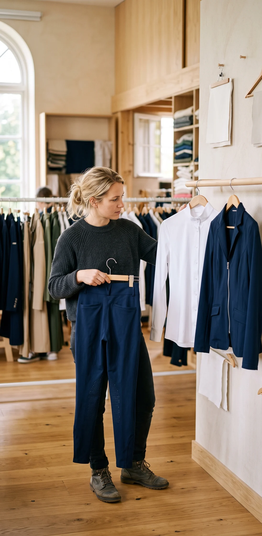Produktverantwortliche hält eine Reithose aus der laufenden Linie neben neuen Mustern von Turniershirt und Turniersakko – KI-generierte Illustration