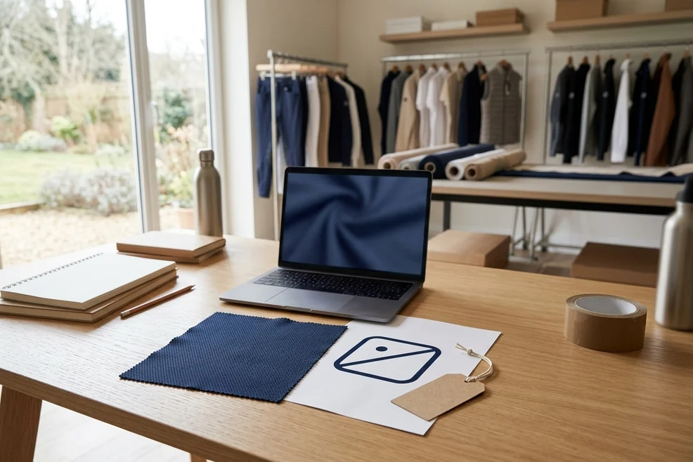 Schreibtisch mit Laptop, Stoffmuster, Logo-Ausdruck und Hangtag – KI-generierte Illustration