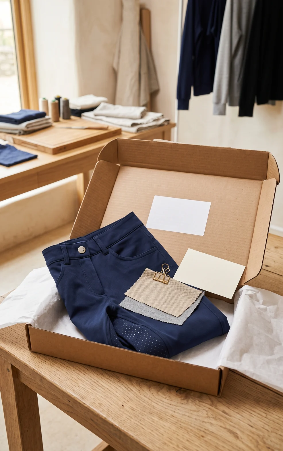 Geöffneter Versandkarton mit Muster-Reithose in Seidenpapier, Notizzettel und zwei Stoffmustern – KI-generierte Illustration