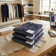 Drei gleiche Reithosen in Navy, einzeln im Beutel verpackt – KI-generierte Illustration