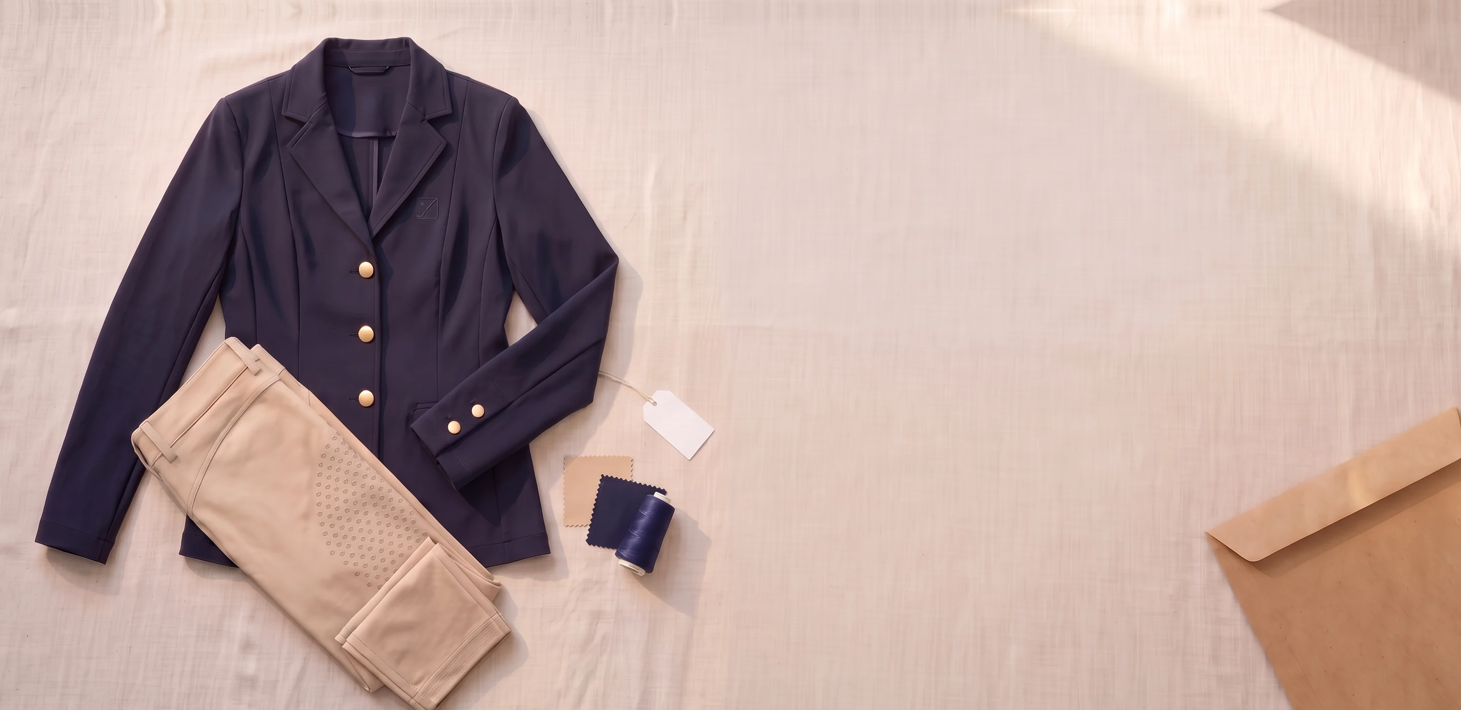 Muster auf dem Tisch von oben: Turniersakko in Navy mit Metallknöpfen, Stickerei und Hangtag, daneben eine gefaltete beige Reithose mit Kniegrip – KI-generierte Illustration