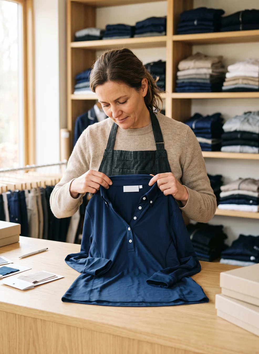 Inhaberin eines Reitsportfachgeschäfts prüft am Tresen den Kragen eines Muster-Reitshirts – KI-generierte Illustration