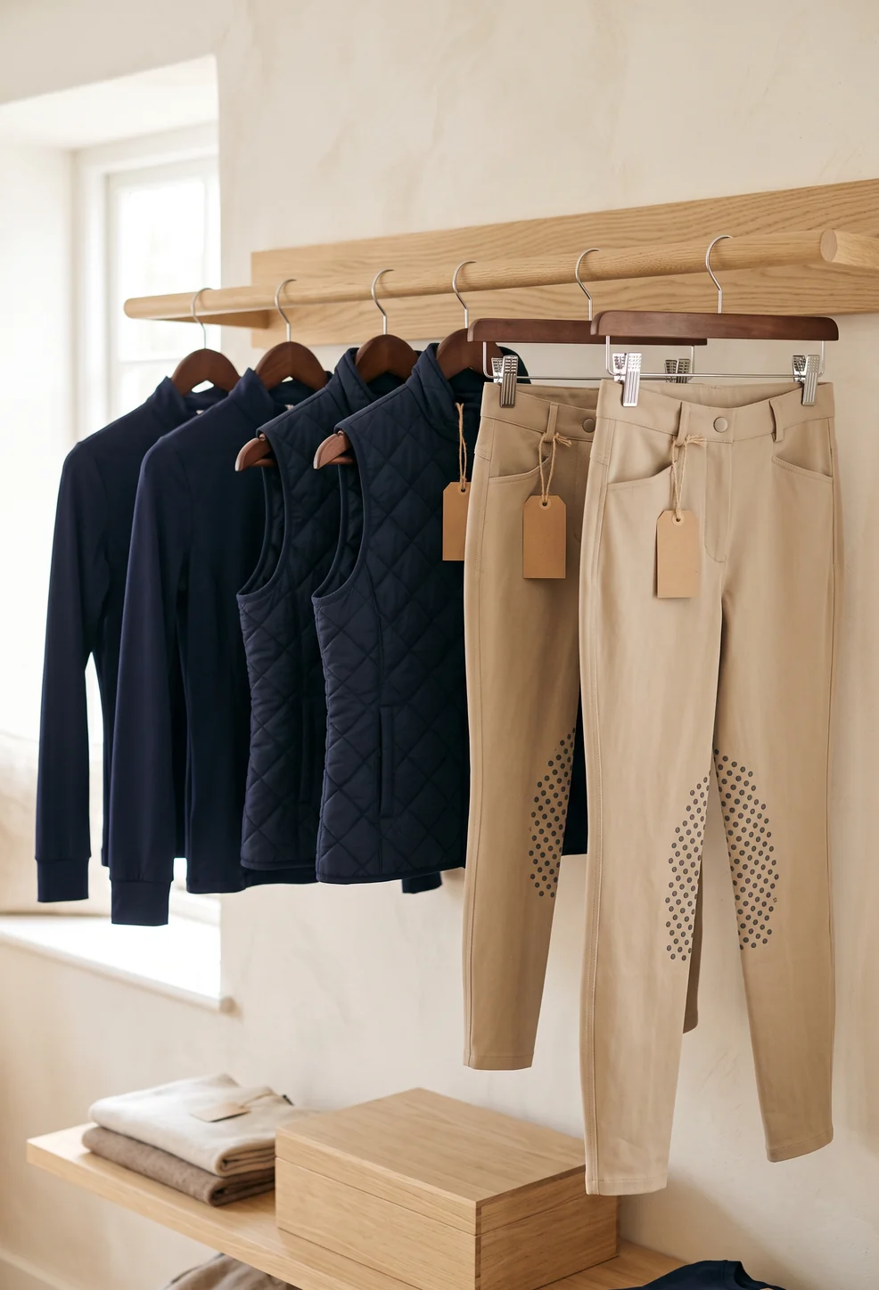 Musterstange mit je zwei gleichen Reitshirts und Reitwesten sowie einer Reithose in zwei Größen – KI-generierte Illustration