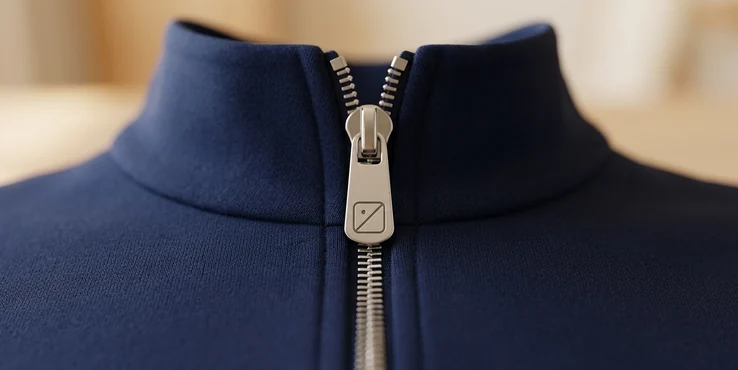 Nahaufnahme: Zipper-Puller aus Metall an einer Trainingsjacke in Navy – KI-generierte Illustration