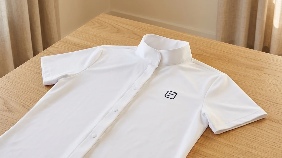 Flach gelegtes weißes Turniershirt mit stehendem Kragen und gesticktem Zeichen auf der Brust – KI-generierte Illustration