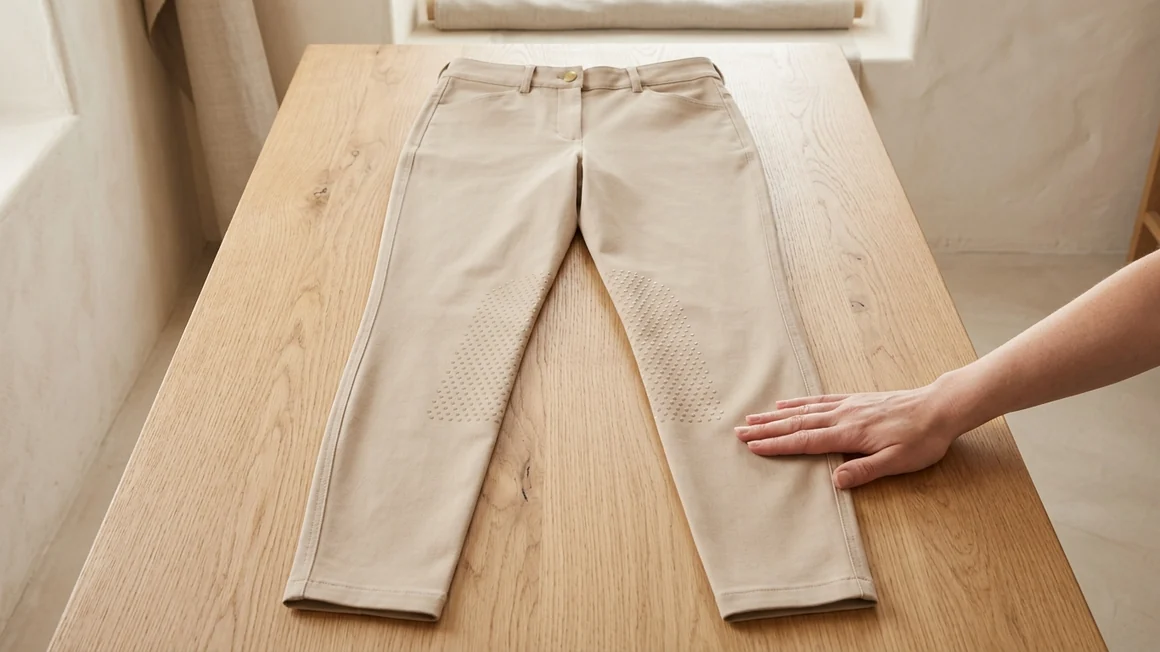 Flach gelegte beige Reithose, eine Hand streicht das Hosenbein glatt – KI-generierte Illustration