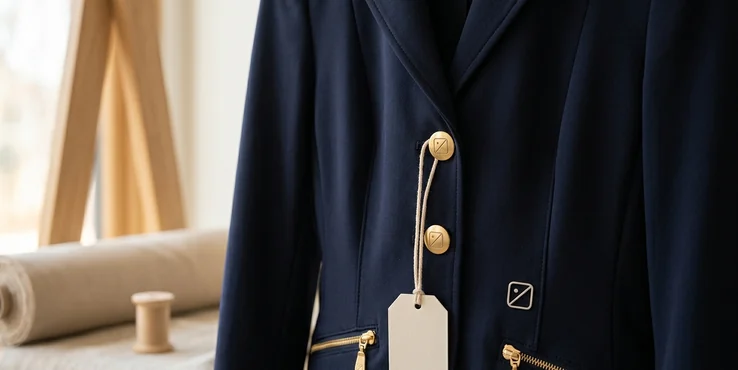 Nahaufnahme: Metallknöpfe und Emblem an einem Turniersakko in Navy – KI-generierte Illustration