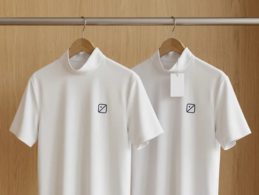 Zwei gleich gefertigte weiße Turniershirts hängen nebeneinander an einer Musterstange – KI-generierte Illustration
