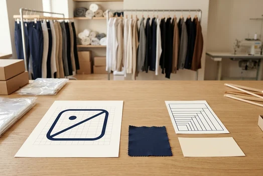 Logo-Ausdruck, Farbmuster aus einem alten Polo, Größentabelle und Adressaufkleber auf dem Tisch – KI-generierte Illustration