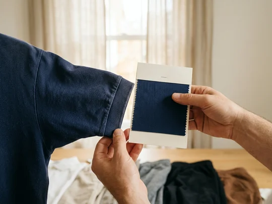 Farbmuster in Navy am Ärmel eines älteren Polos im Tageslicht verglichen – KI-generierte Illustration