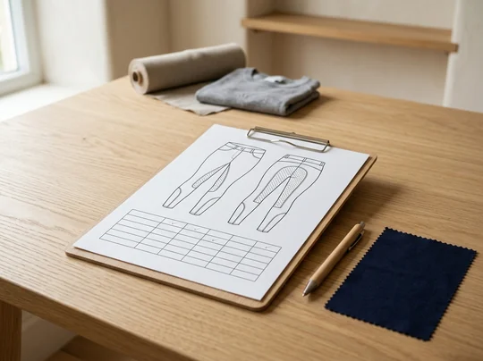 Klemmbrett mit Modellblatt, Stift und Stoffmuster – KI-generierte Illustration