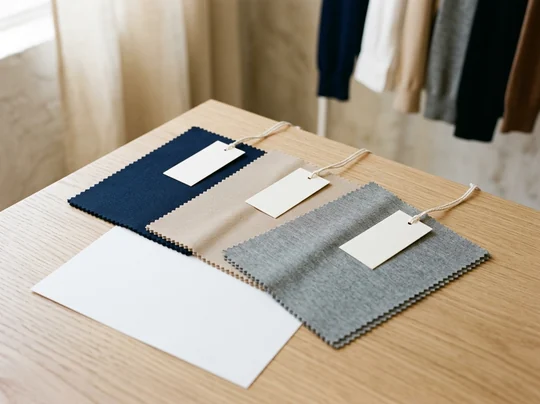 Drei Stoffmuster in Navy, Beige und Grau mit leeren Anhängern auf dem Tisch – KI-generierte Illustration