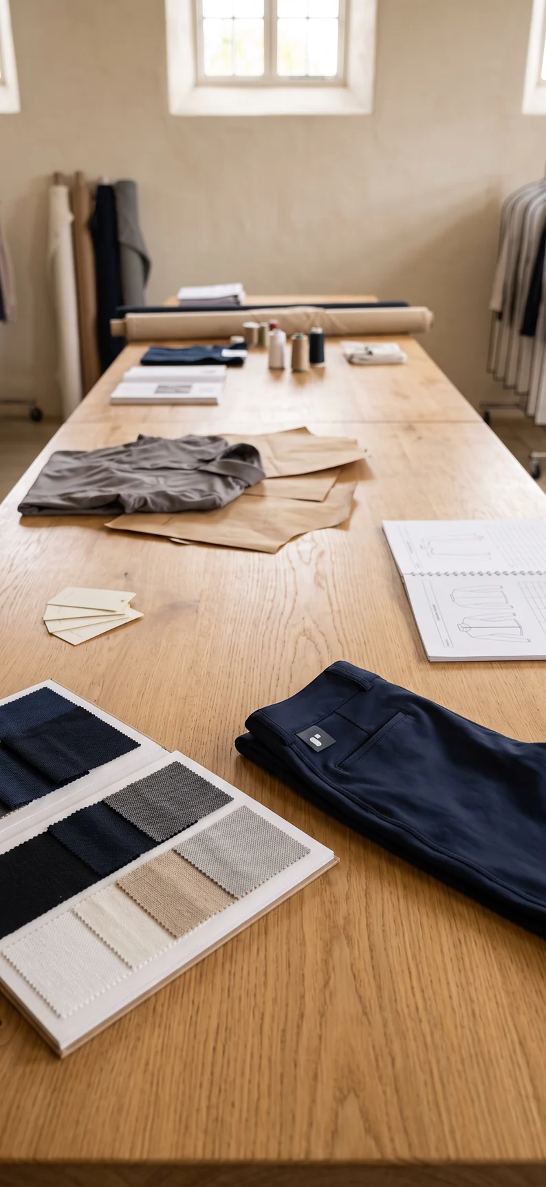 Langer Tisch mit Farbkarte und Reithose aus der Kollektion auf der einen, Tech Pack und Referenzteil auf der anderen Seite – KI-generierte Illustration