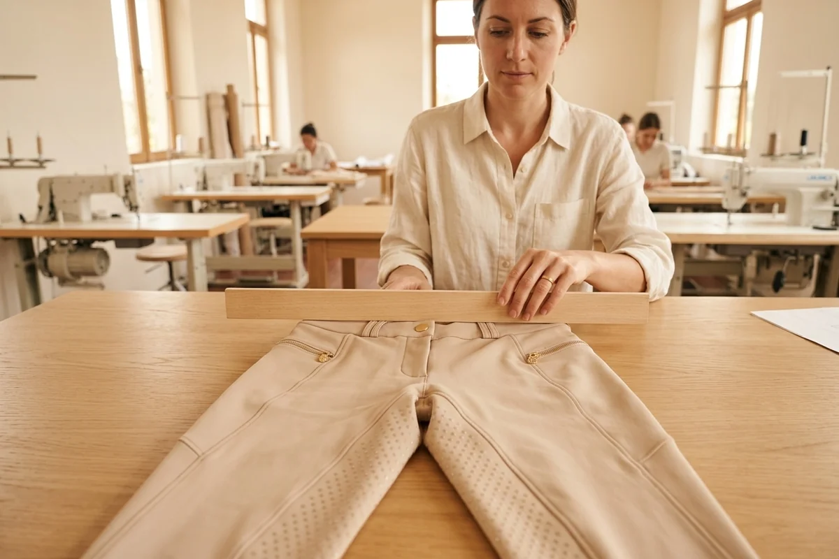 Reithose flach ausgelegt, die halbe Bundweite wird mit einem Lineal gemessen – KI-generierte Illustration