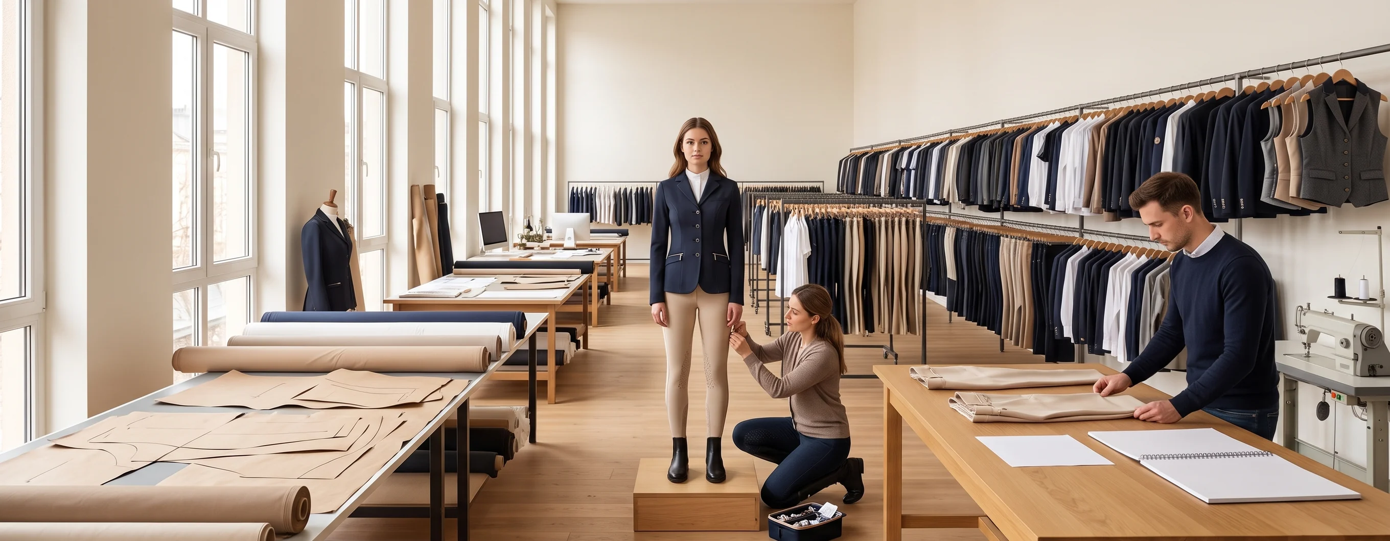 Anprobe eines Private-Label-Musters in einem hellen Entwicklungsraum: Modell in Turniersakko und heller Reithose, eine Schnittmacherin steckt den Saum ab, dahinter lange Tische mit Stoffrollen und Musterstangen – KI-generierte Illustration