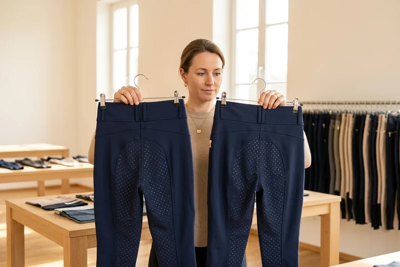 Produktverantwortliche einer Reitsportmarke vergleicht ein neues Muster mit einem Teil aus der laufenden Linie – KI-generierte Illustration