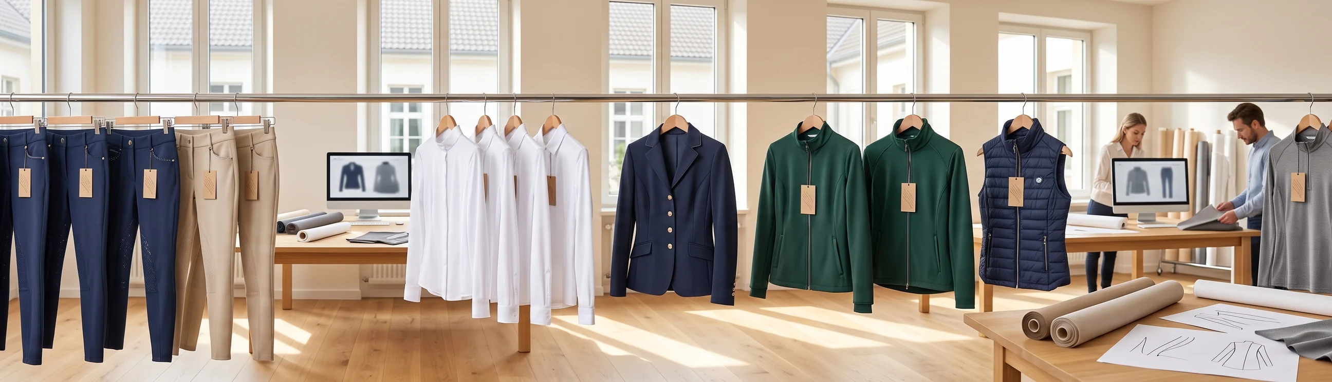 Lange Musterstange mit einer kompletten eigenen Linie: Reithosen, Turnierblusen, Turniersakko, Trainingsjacke, Reitweste und Reitshirts nach Kategorien gehängt – KI-generierte Illustration