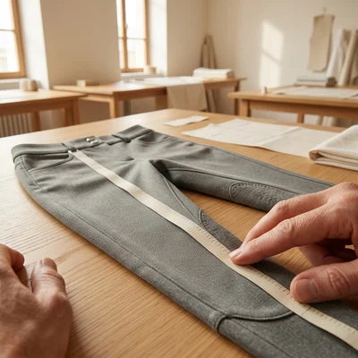 Maßband an der Innenbeinnaht einer Reithose – KI-generierte Illustration