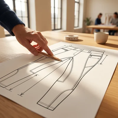 Ausschnitt aus einer technischen Zeichnung mit Maßlinien an einer Reithose – KI-generierte Illustration