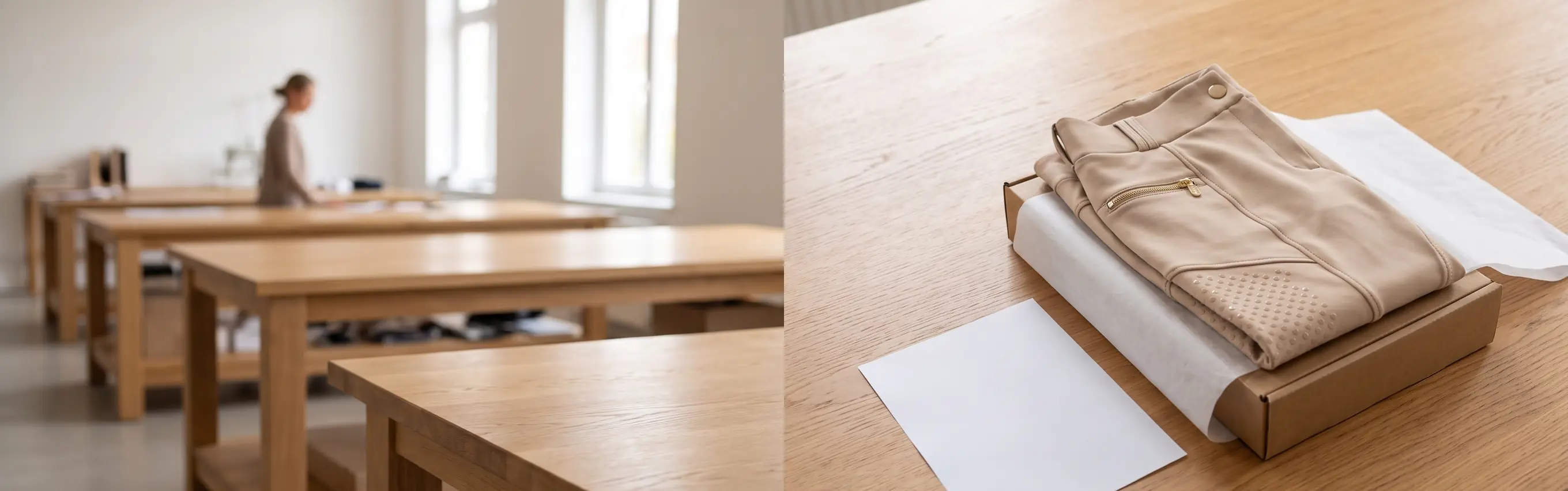 Frisch genähtes Muster einer Reithose auf einem geöffneten Versandkarton auf einem langen Holztisch – KI-generierte Illustration