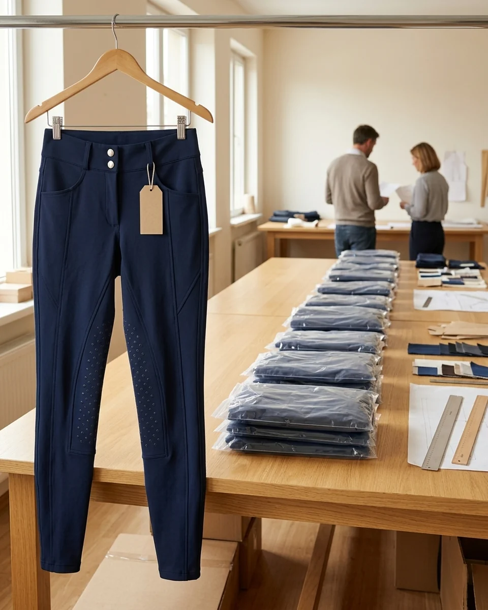 Freigegebenes Muster einer Reithose am Bügel, dahinter dasselbe Modell in derselben Farbe als Nachbestellung gestapelt – KI-generierte Illustration