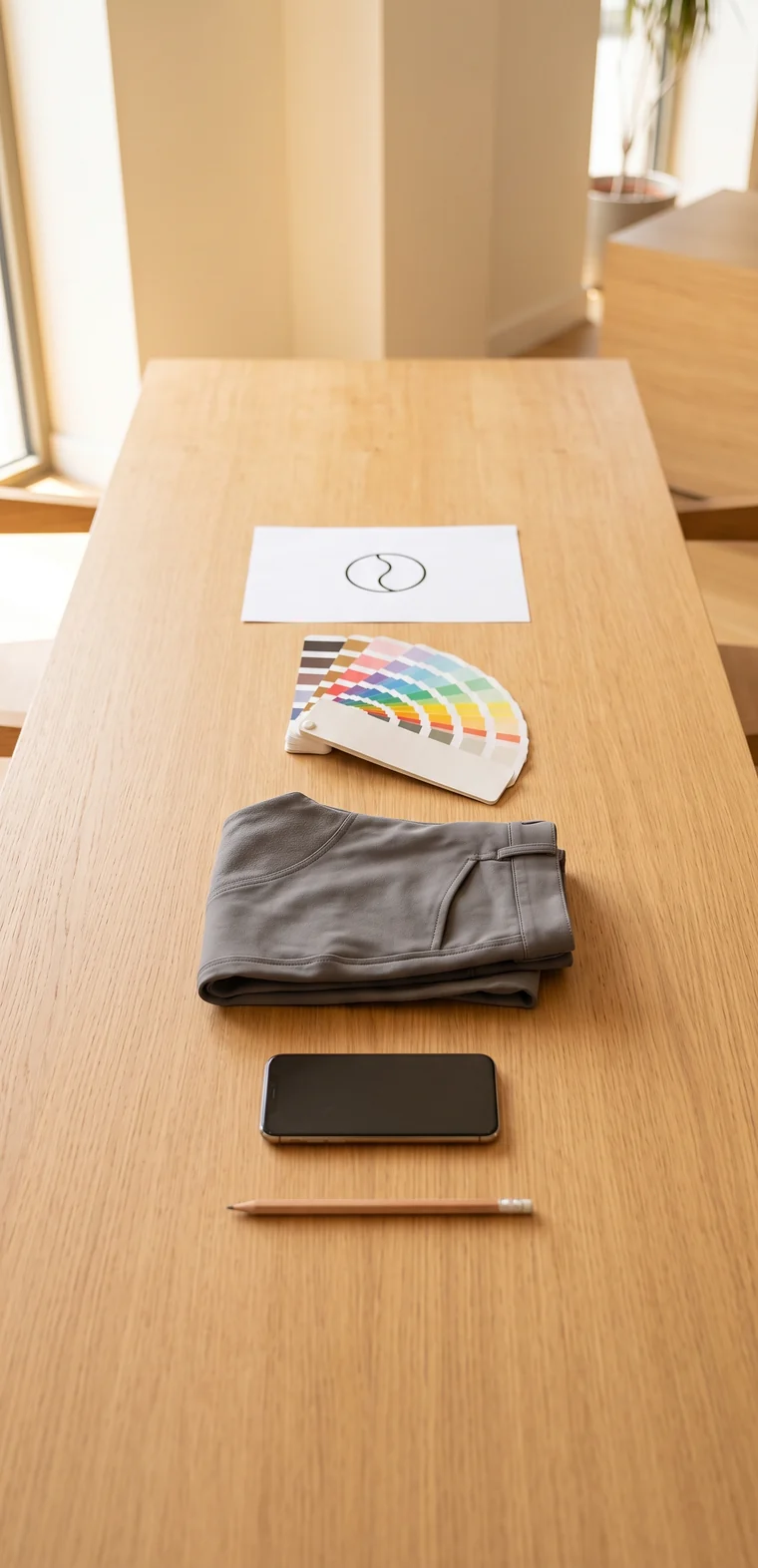 Unterlagen für die Anfrage: ausgedruckte Logo-Datei, Farbfächer, gefaltetes Referenzteil und ein Smartphone auf einem Holztisch – KI-generierte Illustration