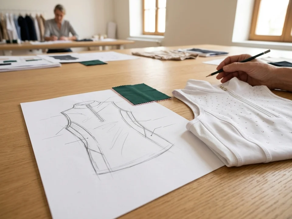 Bleistiftskizze eines Turniershirts auf Papier, daneben ein Stoffmuster und ein fertiges Musterteil – KI-generierte Illustration