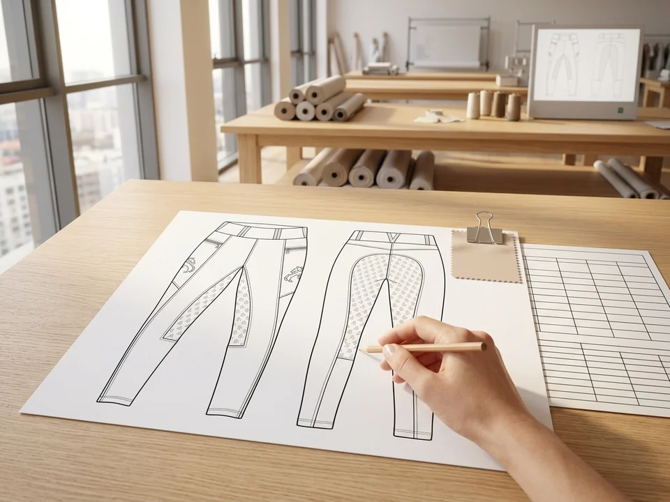 Ausgedruckte technische Zeichnungen einer Reithose und ein Größentabellen-Raster auf einem Holztisch, daneben eine Hand mit Bleistift – KI-generierte Illustration