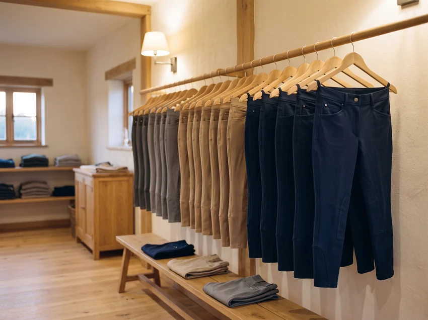 Musterraum am Abend mit Reithosen in Navy, Beige und Grau an einer langen Stange – KI-generierte Illustration