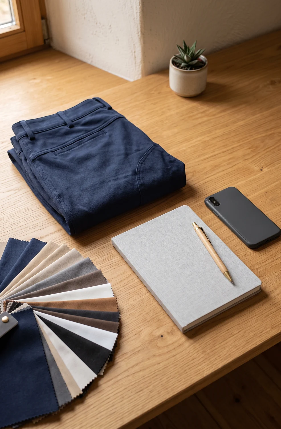 Schreibtisch mit gefalteter Referenz-Reithose, Fächer aus Stoffmustern ohne Beschriftung, Smartphone, Stift und leerem Notizbuch – KI-generierte Illustration
